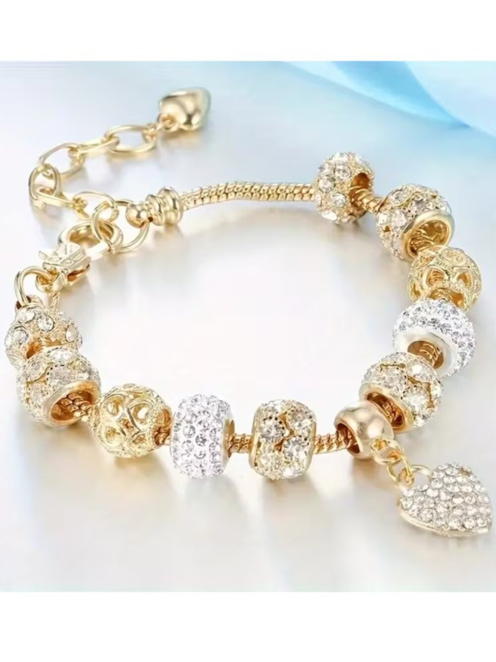 NWT Gold Tone Crystal European Charm Bracelet Heart